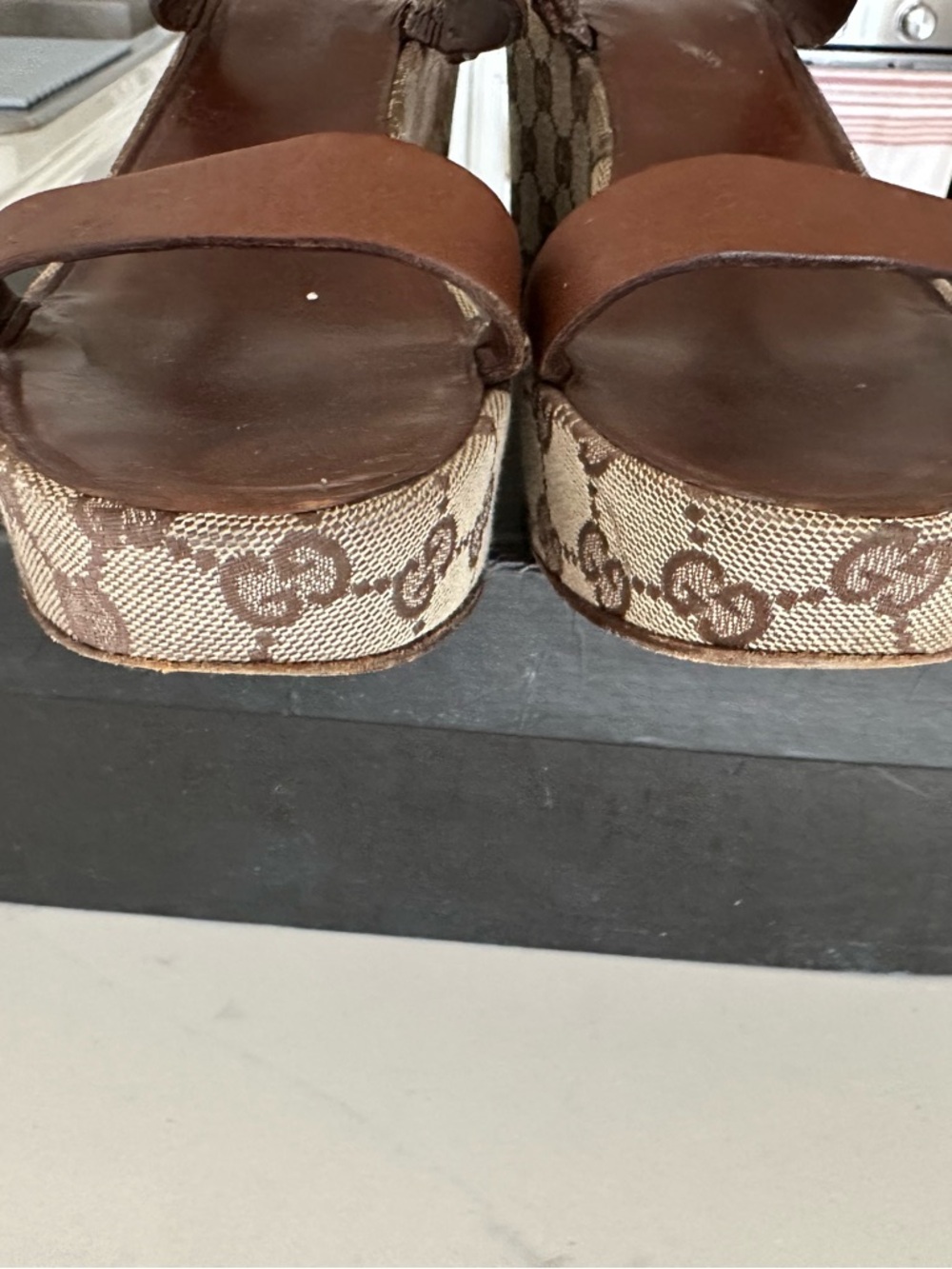 Gucci Brown GG Canvas Low Block Heel Sandals - Picture 6 of 9